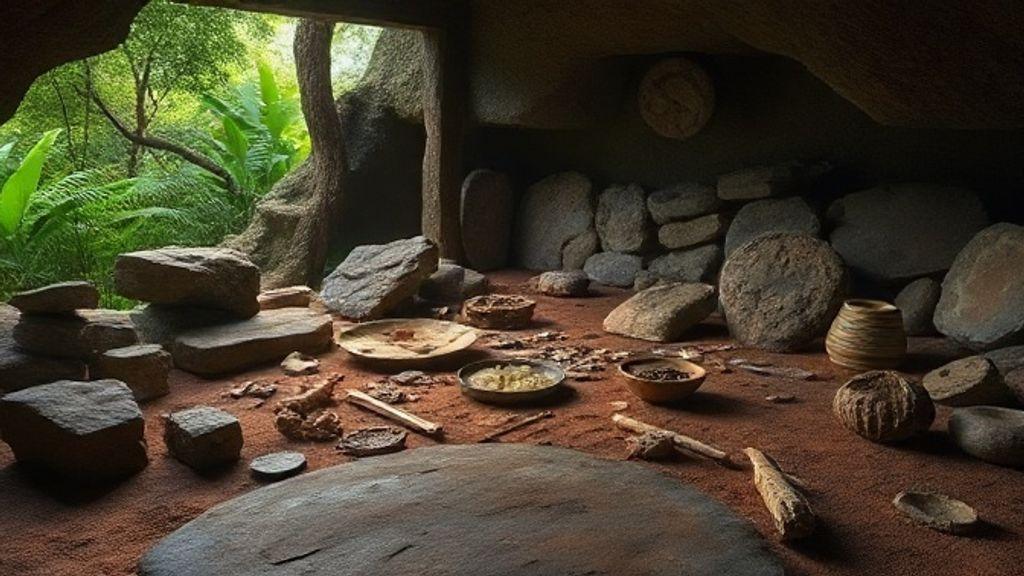  Artefatos de pedra, ossos e restos de alimentos encontrados